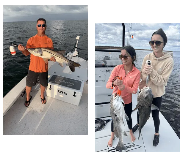 Three people holding fish