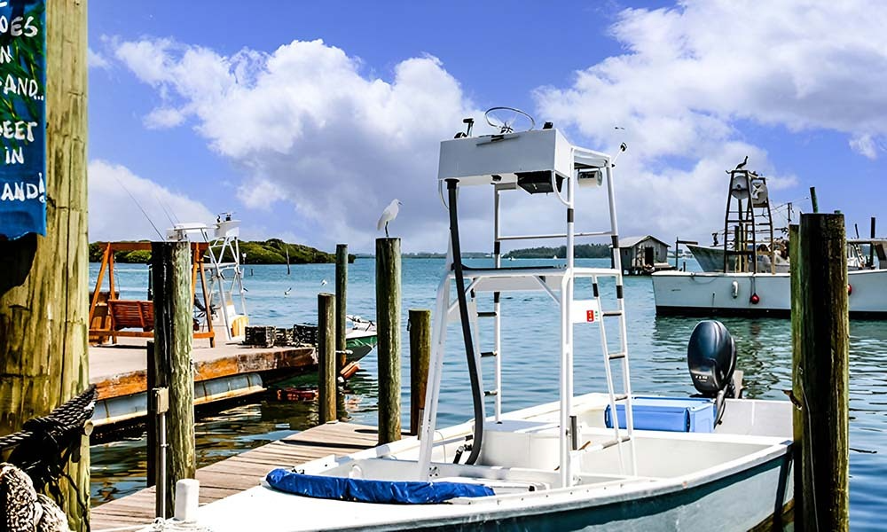 White boat at dock
