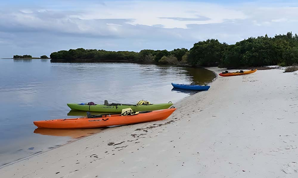 Colorful kayaks on beach