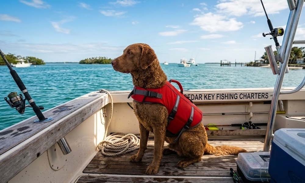 Dog wearing life vest.