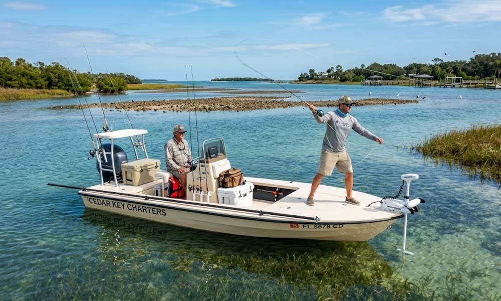 Men fishing from boat.